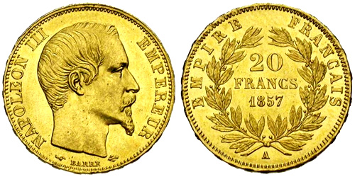 20 Francs or 1856 Napoleon III tete nue